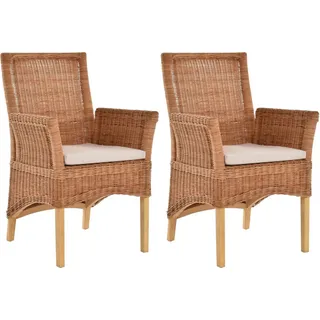 Krines Home Esszimmerstuhl 2er Set Esszimmerstuhl Rattanstuhl mit Armlehne Esszimmer Stühle Holz (2 St), aus Rattan Naturmaterial, mit Armlehnen beige