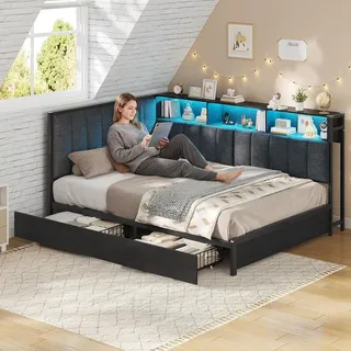 AODEMOKO Polsterbett Schlafsofa, Jugendbett mit LED-Beleuchtung, Ladestation, Tagesbett mit 2 Schubladen und Offene Regale, 140x200 cm, Schwarz - Schwarz