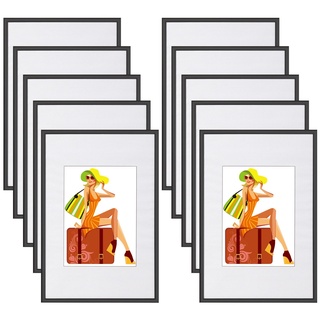WOLTU Bilderrahmen 21x29,7 cm A4 Set of 10 Fotorahmen aus Kunststoff mit Passepartout, Posterrahmen zum vertikalen oder horizontalen Aufhängen/Aufstellen, Collage Wanddeko, Schwaz