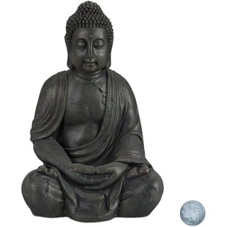 Relaxdays Buddha Figur sitzend, XL 70 cm, Gartenfigur, Dekofigur Wohnzimmer, wetterfest & frostsicher, dunkelgrau