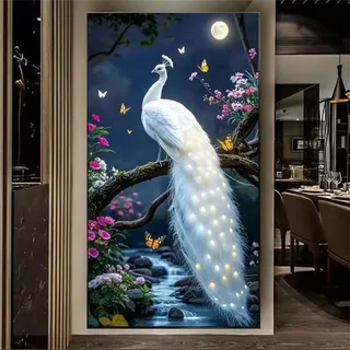 Muaor Diamond Painting Erwachsene Weißer Pfau 40x90cm Großes XXL Diamond Painting 5D Natürlich Diamant Malerei,DIY Vierkant Bohrer Diamond Painting Set für Wohnzimmer und Schlafzimmer Wanddekor