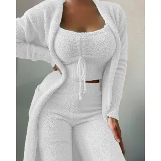 ONEMTB Nachtwäsche Robe Winter Bademantel Flauschig Fleece Morgenmantel Herbst Winter Damen Samt Pyjama Set Crop Top + Lange Hose + Mantel 3 Stück Anzug Warm Soft Fleece Homewear Pyjama S-3Xl