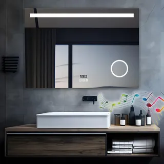 MIQU LED Badspiegel mit Beleuchtung 100x70 cm Badezimmerspiegel, Bad Groß Spiegel mit Steckdose Uhr Bluetooth Touch Dimmbar Warm/Weiß Licht Beschlagfrei Vergrößerung Wandspiegel