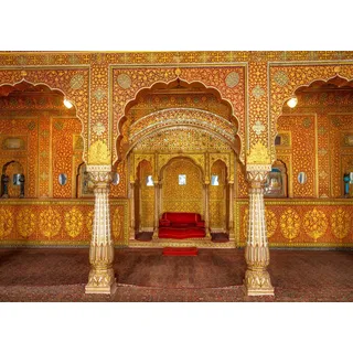 BELECO 3x2m Stoffhintergrund für den indischen Königspalast,Innenansicht,privater Audienzsaal mit Anup Mahal und Maharadscha-Thron mit goldenen Schnitzereien,Fotohintergrund für Reiseporträts