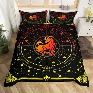 Homewish Steinbock Bettbezug 155x220 für Erwachsene,Psychedelischer Sternzeichen Bettwäsche Set,Sternbilder Himmel Tröster Abdeckung,Galaxie Sterne Bett Set,Rot Gelb
