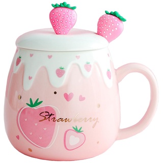 Holdyfine 450ml Süße Erdbeertasse Mit Deckel und Löffel, Kawaii Kaffeetasse Keramik Tasse für Morgentee Milch Obstbecher,Kreative Neuheit Geburtstag Weihnachten für Liebhaber Mädchen (Erdbeeren)