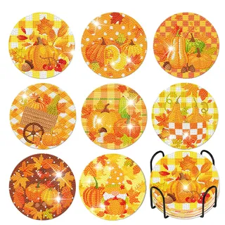 EXQUILEG 8er Pack Diamond Painting Untersetzer mit Halter - DIY Halloween Deko Ahornblatt und Kürbis Tassenuntersetzer - Diamant Kunst Untersetzer, 10 cm/4 Zoll