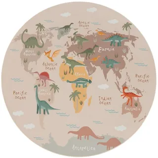 KADIMA DESIGN Dinosaurier-Weltkarten Kinderteppich 160 x 160 cm Beige