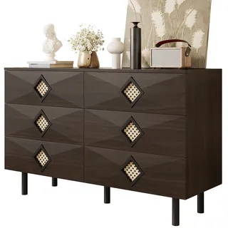 6-Schubladen Schminktisch 120x40x74 Walnuss Holz mit Rattan-Griffen, modernes Design und stabile Metallbeine