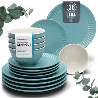 Steingut Geschirrset 12 Personen Hygge 36 tlg. TESTSIEGER, Traumhaftes Skandinavisches Steingut Geschirr Set, Schüssel- und Teller Set, Tafelservice 12 Personen, Geschirrsets Pure Living in Petrol