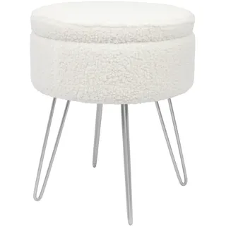 Harbour Housewares 1x Creme/Silber H46 x D37cm Runden Bouclé-Fußhocker mit Stauraum - Wohnzimmer Schminktisch Fußbank Ottomane Sitzpuff Stuhl Sitz