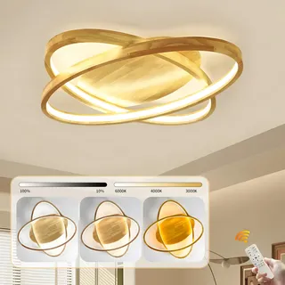 YYUTLUO LED Deckenleuchte Aus Holz, 2 Ringe Rund Ø52cm / 50W, Dimmbar Mit Fernbedienung, Moderne Dekorative Wohnzimmerlampe, Schlafzimmer Dünne Ovale Lampe, Holz Schatten