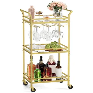 VASAGLE Servierwagen, kleine Barwagen mit 3 verspiegelte Glasablagen, 38 x 46,8 x 92 cm goldfarben 46.8 cm x 92 cm x 30 cm