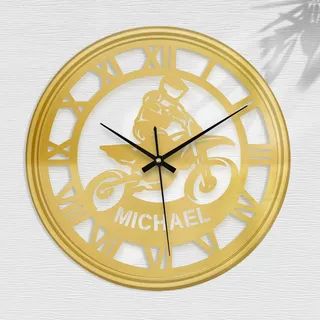 Angry Egg Boy Personalisierte Goldene Runde Wanduhr mit Name und dekorativem Rand, runde Motorrad-Wanduhr – Kreative Geschenke für Zuhause, Küche, Schlafzimmer, Büro, Einweihungsparty