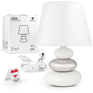 Nachttischlampe "Lina" (weiß-silber) Tischleuchte Keramik Tischlampe mit Stoffschirm, LED geeignet, E14 230V Keramik, Tischlampe, Nachttischleuchte, Fenster Lampe, Sofalampe. Fensterbank Lampen