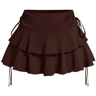 PRSFPN Damen Y2k Mini-Rüschenröcke mit Shorts, gestufte Schichten, niedlich, elastische Taille, Kokette-Skort-Kordelzug, seitliche Fliege, Braun, Groß - L