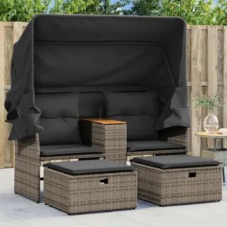 Gecheer Gartensofa 2-Sitzer mit Dach und Hockern Grau Poly Rattan, Gartenlounge Esstisch Lounge Möbel Set für Outdoor Garten Terrasse Balkon Möbel365801