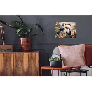 MuchoWow Poster Tukan - Vögel - Blumen - Dschungel, (1 St), Poster, Wandbild, Wandposter für Wohnzimmer, Ohne Rahmen bunt Rechteckig - 40 cm x 30 cm