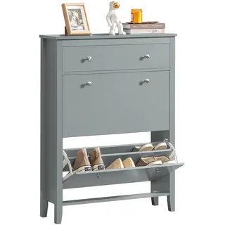 SoBuy Schuhschrank schmal mit 2 Klappen & Schublade 80x108x25cm für Flur | Schuhregal für 12-14 Paar Schuhe, wasserabweisende Beschichtung, Kippsicherung, grau FSR89-HG