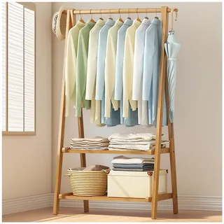 aoiuaoeniu Garderobenständer/Kleiderständer Bambus mit Haken und 2 Ablagen | Kleiderstange, klappbar, 160 cm Hoch, Multifunktional Garderobe für Kleidung, Hut, 1 Min Montage : 66/86/116CM