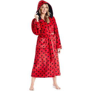 CityComfort Bademantel Damen Flauschig, Fleece Morgenmantel Damen, Kuschelige Bademäntel für Damen (Rot/Schwarz, M) - M