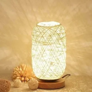 Nachttischlampe Aus Holz Und Naturseil – Skandinavisches Design, Beige, 45 Cm Hoch, Ideal Für Schlafzimmer Oder Wohnzimmer.