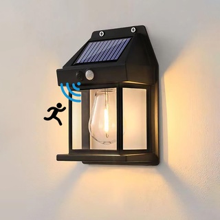 Solar Wolfram Wandleuchte Vintage Wandlampe mit Bewegungsmelder Retro Außenwandleucht IP65 Wasserdicht Außenlampe mit Terrassenleuchten für Garage Gärten Balkon Zaun Hof Haus Terrasse Outdoor Lampe