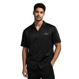 Elegantes ROUGH. Herren-Kurzarmhemd im Satin-Look mit minimalistischer Logo-Stickerei in Schwarz - XL