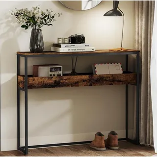 VASAGLE Konsolentisch Beistelltisch, schmaler Flurtisch, 2 Ebenen mit halboffenen Fächern, für Flur, Wohnzimmer, 24 x 100 x 80 cm braun|schwarz
