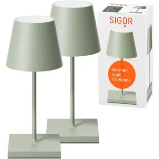 SIGOR Nuindie 3.0 mini Akku-Tischlampe, 2er-Set, salbeigrün | Dimmbar • Indoor & Outdoor • IP54 • 25 cm • easy-connect puk • 17 h Leuchtdauer