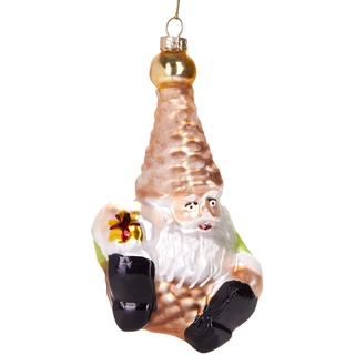 BRUBAKER Zwerg mit Geschenk - Handbemalte Weihnachtskugel aus Glas - Mundgeblasener Christbaumschmuck Figuren lustig Deko Anhänger Baumkugel - 12 cm