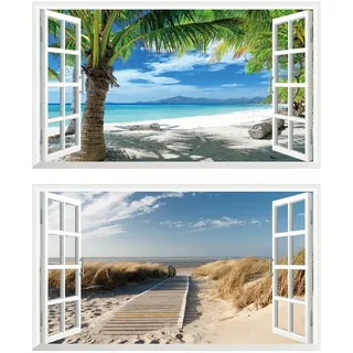 Chicbanners 2Pcs Wandtattoo Meer Strand Beach Natur Landschaft 3D Effekt XXL Wandaufkleber Fenster Selbstklebend Wandsticker für Junge Mädchen Kinderzimmer Groß 1000mmx600mm