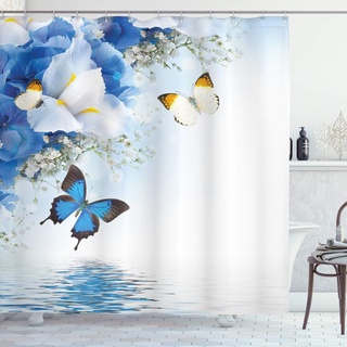 ABAKUHAUS Schmetterlinge Duschvorhang, Exotische Blumen Teich, Stoffliches Gewebe Badezimmerdekorationsset mit Haken, 175 x 240 cm, Blau Weiss