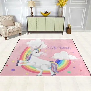 Mnsruu ISAOA Moderner und weicher Kinderteppich, Einhorn mit Regenbogen-Teppich, für Schlafzimmer, Wohnzimmer, Kinderzimmer, Dekoration, rutschfest und waschbar, 152 x 120 cm
