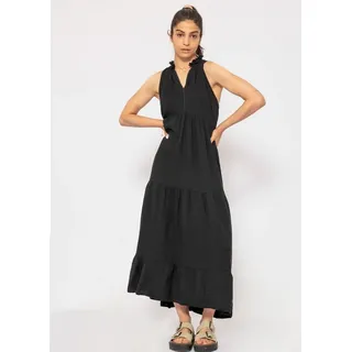 SASSYCLASSY Maxikleid Langes Musselin Kleid mit Stufendesign Maxikleid aus Baumwolle mit V-Ausschnitt und Fransen rosa|schwarz S/M