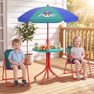 FANTASK 4 TLG. Kindersitzgruppe mit Sonnenschirm Höhenverstellbar, Kindersitzgarnitur inkl. Tisch, 2 Klappstühlen & Sonnenschirm, Kinder Picknicktisch mit 2 Stühl, Gartenmöbel für Terrasse, Garten, St