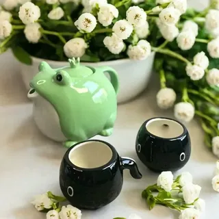 LIUXIN Kawaii Frosch-Teeservice – Keramik-Teekanne + 2 Tassen im japanischen Kaulquappen-Design | Lustige Teeparty-Kollektion für Kinder