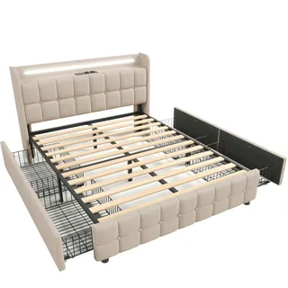 Merax LED Stauraumbett Polsterbett 140x200 Doppelbett aus Leinen mit 4 Schubladen & 2 Steckdosen & 2 USB & Lattenrost Beige