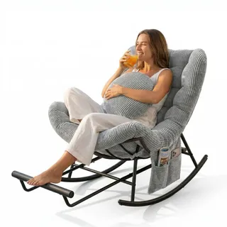 LVHOM Schaukelsessel mit verstellbarer Fußstütze, Schaukelstuhl Cordbezug, Rattanstuhl mit Stahlgestell und Seitentasche, Loungesessel, Hellgrau - Grau