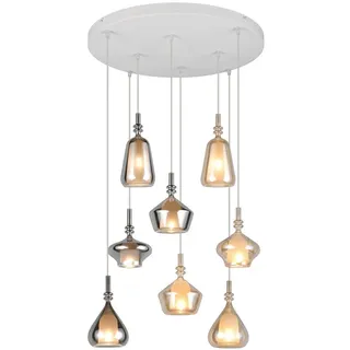 TRIO Leuchten LED Pendelleuchte 8-flammig Lampenschirme Glas Ø 72cm, Dimmfunktion, LED wechselbar, warmweiß, groß Cluster Hängelampe für hohe Decken Rauchglas hängend Treppenhaus braun