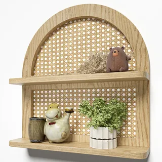 LUDORU Boho-Rattan-Wandregal aus Holz, 2-stöckig, gewölbtes Weidengeflecht, schwebendes Regal, natürliches Holz, rustikales Bauernhaus, Kinderzimmer, Dekor-Regal, Wandmontage, neutrale Handarbeit