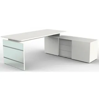 Komplettarbeitsplatz Lugano Glas Tisch/Sideboard weiß - Weiß