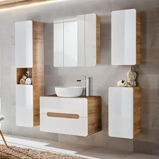 Lomadox Badmöbel Set mit 80 cm Waschtisch & Spiegelschrank Hochglanz weiß mit Wotan Eiche Nb., B/H/T ca. 180/200/46 cm