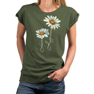 MAKAYA Print-Shirt Damen Kurzarm Top Blumen Gänseblümchen floral Blumenmuster Blümchenprint, goße Größen grün