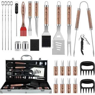 DRAGON RIOT Grillbesteck Set aus Edelstahl, 29 Stücke Grillset für Männer Geschenk, Premium Grill Zubehör Set mit Spatel im Alukoffer, BBQ Grillbesteck Koffer Hochwertiger Grill Set für Outdoor BBQ