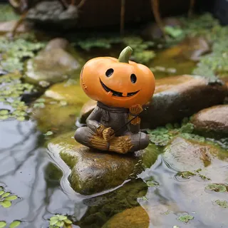 FONDUO Miniteich Deko Halloween Kürbis Figuren, Teichdeko Angeln Statue, Garten Deko Figur Wetterfest, Kürbis Vogelscheuche Für Gartendeko Teich Gartenteich Zaunhocker Balkon Halloween Dekoration (C)