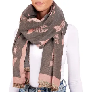 Brubaker Cashmirillo Damen Schal mit Katzen Muster - 70 x 200 cm - Warm und Kuschelig - Winterschal für Herbst und Winter - Herbstschal - Weiches Kaschmir-Gefühl - Rosa und Grau - Einheitsgröße