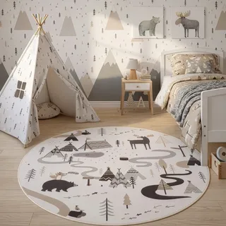 Kinderteppich AYYILDIZ TEPPICHE "COCO 1135 , auch in rund erhältlich", creme, H:8mm Ø:120cm, Teppiche, Kinderteppich, Waschbar bei 30 C, rutschhemmend, OEKO-TEX zertifiziert, Waldtiere