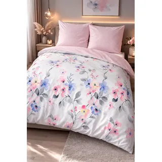 Leonado Vicenti Wendebettwäsche 4-teilig 135x200 cm 100% Baumwolle Renforcé – Blumenmuster Weiß mit Rosa & Blau – 2X Bettbezug & 2X 80x80 cm Kissenbezug – Mit Reißverschluss – ÖKO-TEX Standard 100