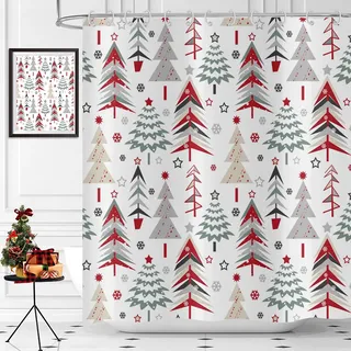 Duschvorhang Weihnachten 180x180, Hnmdmyi Bunte Weihnachtsbäume Sterne Winter Schneeflocke Urlaub Bauernhaus Badewanne Vorhang Wasserdicht Polyester Stoff Waschbar Badevorhang für Badezimmer mit Haken